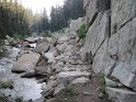 The infamous part of the trail that the early PCT hikers dread.  Picture a 10 foot snow drift on the trail, with the creek raging on one side, and a drop next to the cliff rocks on the other.